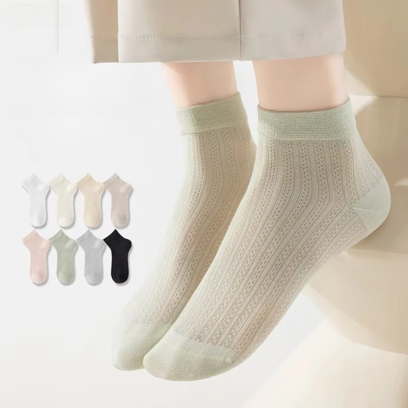 Women's Ankle Socks 1/3/6 Pairs Hollow Mesh Design Antibacterial Fabric Summer Thin Breathable Solid Silk Socks For Ladies