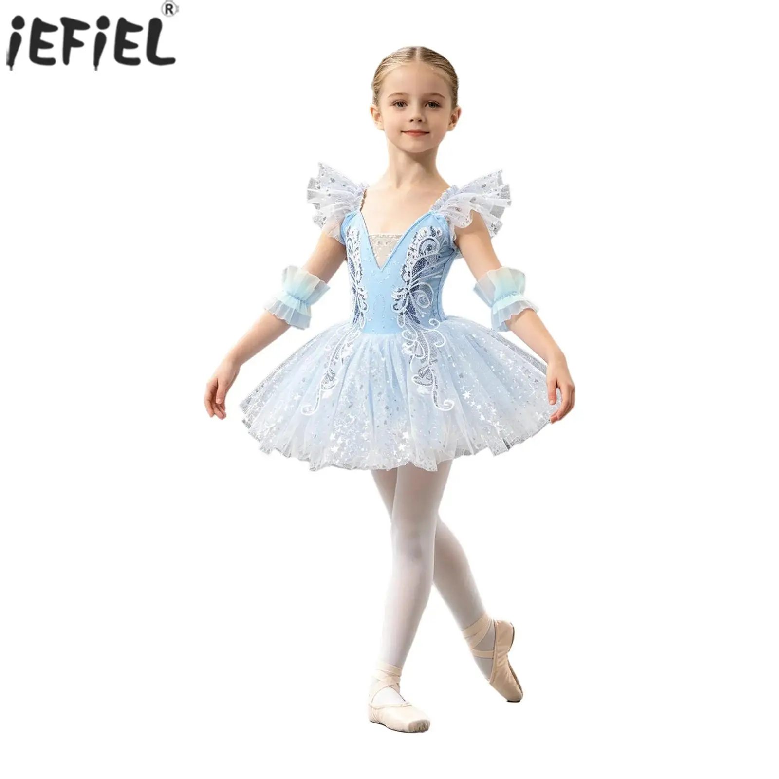 

Teen Girls Ballet Tutu Dress Sequin Applique Tulle Princess Dress with Cuffs Pantyhose Ballerina Stage Performance Dancewear