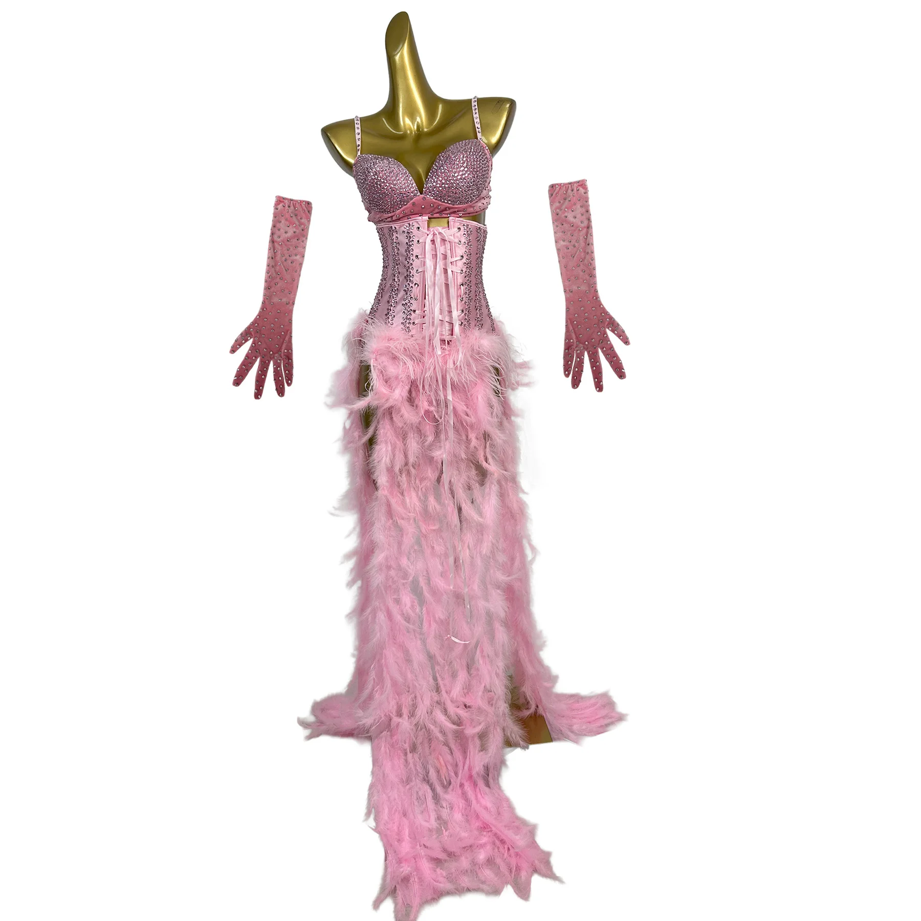 pink rhinestone bra bikini feathers corset long skirts gloves 4 pieces sets women club party costume show singer festival outfit