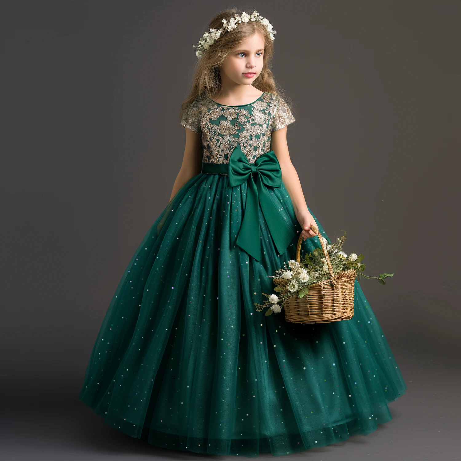 2024 Teen Mädchen Brautjungfer Blumen kleider für Hochzeit elegante Luxus Party Pailletten Spitze Prinzessin Abendkleid Geburtstag Ballkleid