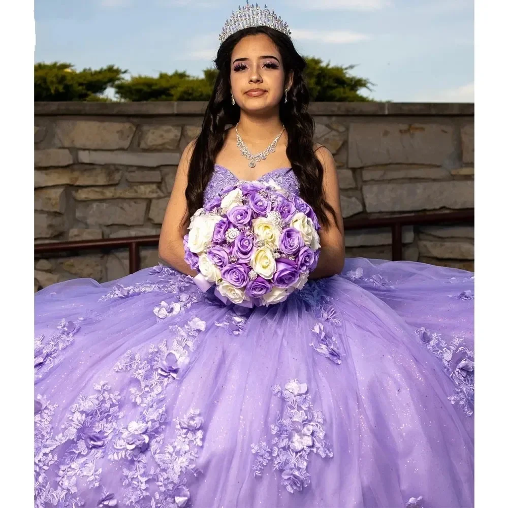 Блестящее искусственное Лавандовое платье для Quinceanera, красивое кружевное платье с цветочным рисунком и шлейфом, для маскарада, для 15-летнего бального платья