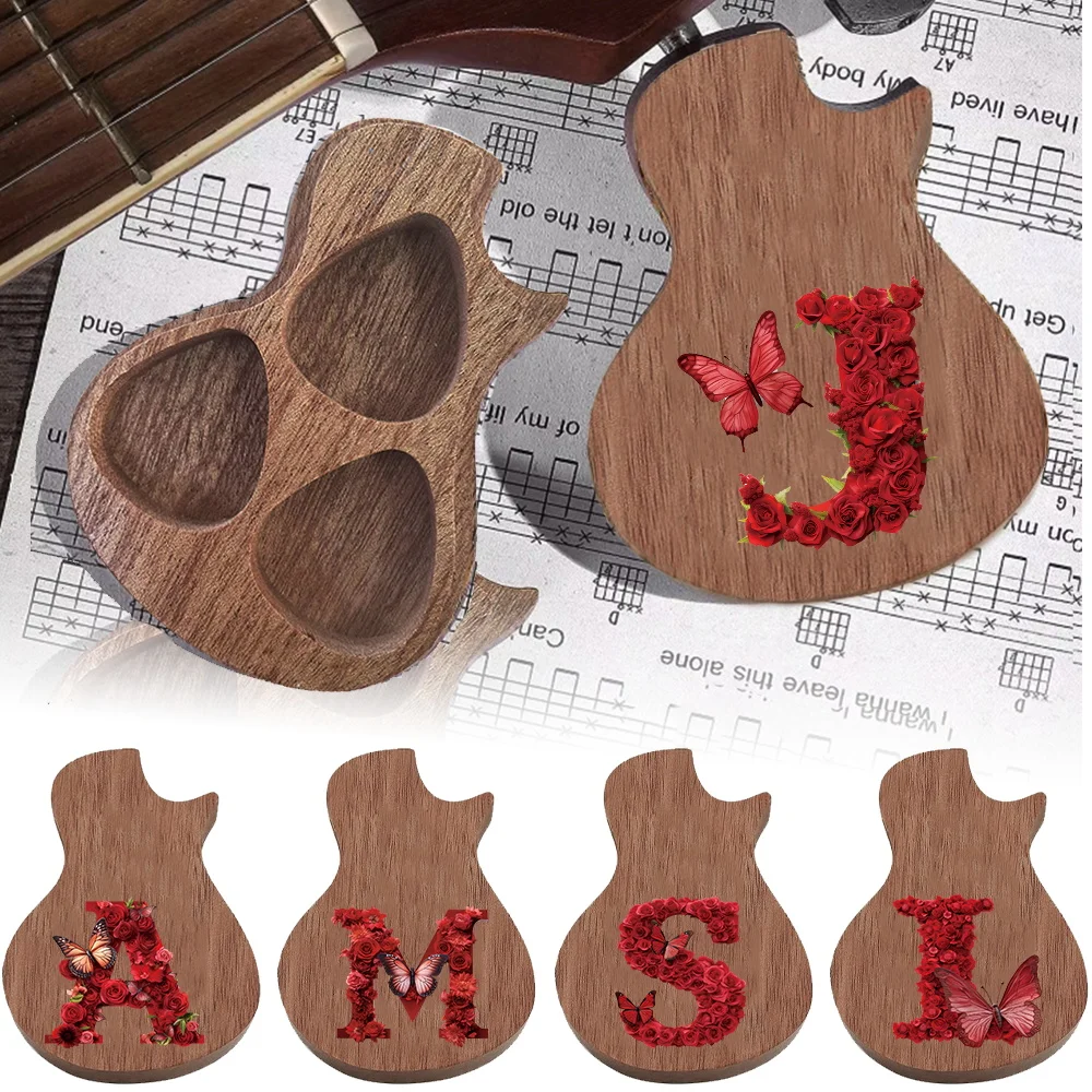 

1pc Wooden Guitar-Shaped Plectrum Case Red Rose Design Ideal For Daily Use Musical Accessory Initial Name 26 Letters Pattern