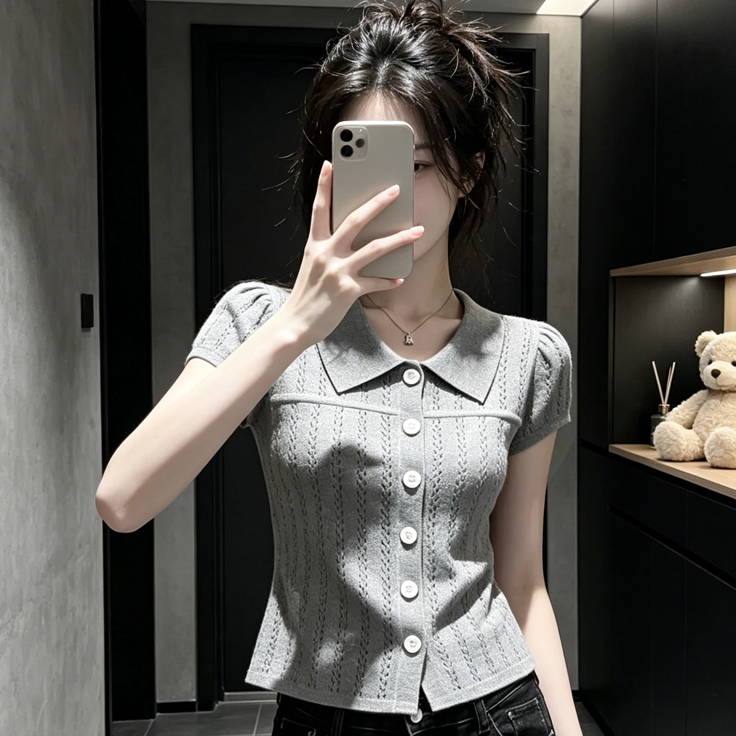 

Korean Style Slim Fit T-Shirt Women's Summer New Grey Hollow Knitted Short Sleeve Turn-down Collar Casual Breathable Top