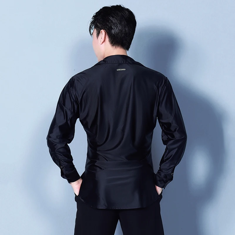 Latn Dance Competition Shirt For Men Satin Long Sleeve Top Male Tango Ballroom Dancing Performance Top White V-Neck Shirts 3624