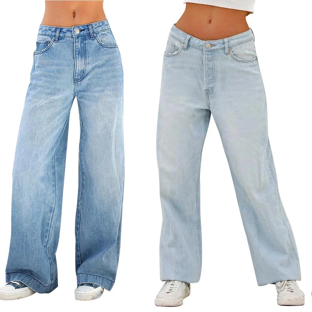 

Женские джинсы из денима с широкими штанинами, свободные, с карманами, средней посадкой, длиной до щиколотки, с эффектом потертости, на молнии, слегка эластичные, однотонные, в стиле High Street, 2026