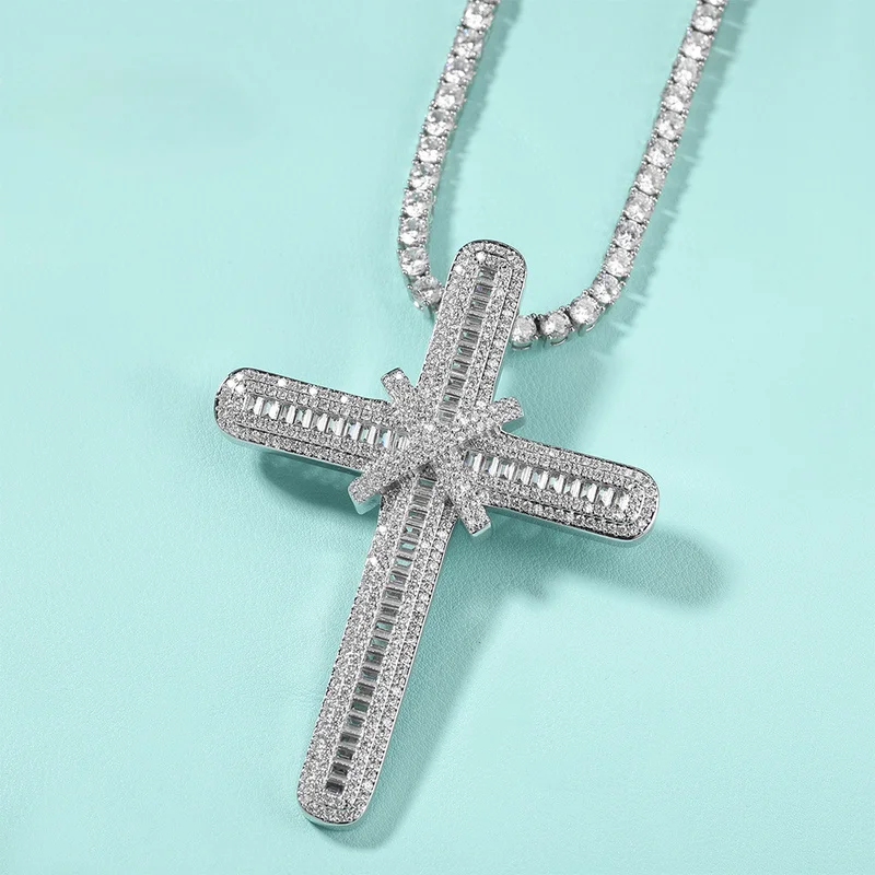 Men Iced Out Baguette Cut Cross Pendant Hip Hop Bling Statement Necklace Premium Luxury Perfect Gift Jewelry 2026 new