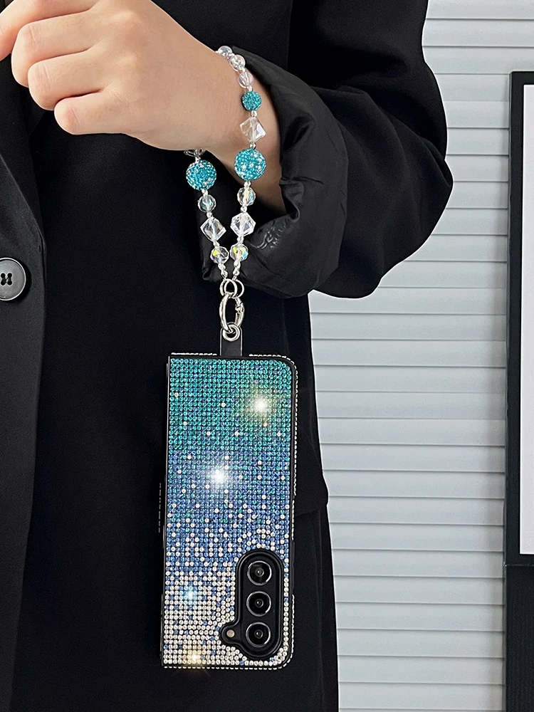 Bling Gradient Full Diamond Case for Samsung Galaxy Z Fold 6 Z Fold 5 Z Fold 4 Z Fold3 Woman Shiny Gem Bracelet Protective Cover