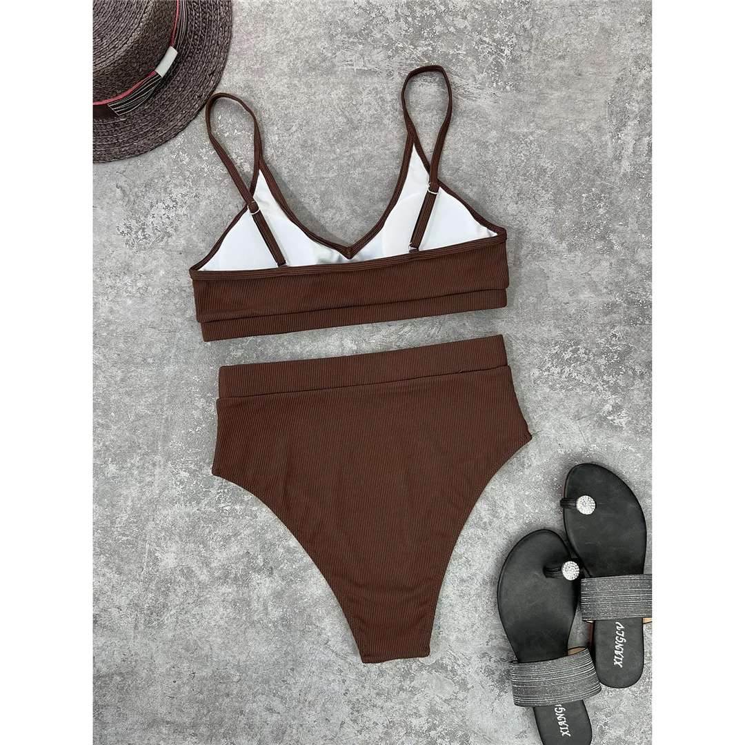 Neuer, gerippter, gepolsterter Bikini mit hoher Taille in 4 Farben, Damen-Badeanzug, zweiteiliges Bikini-Set, Badebekleidung, Badeanzug, Modell V3768. – Detail 22
