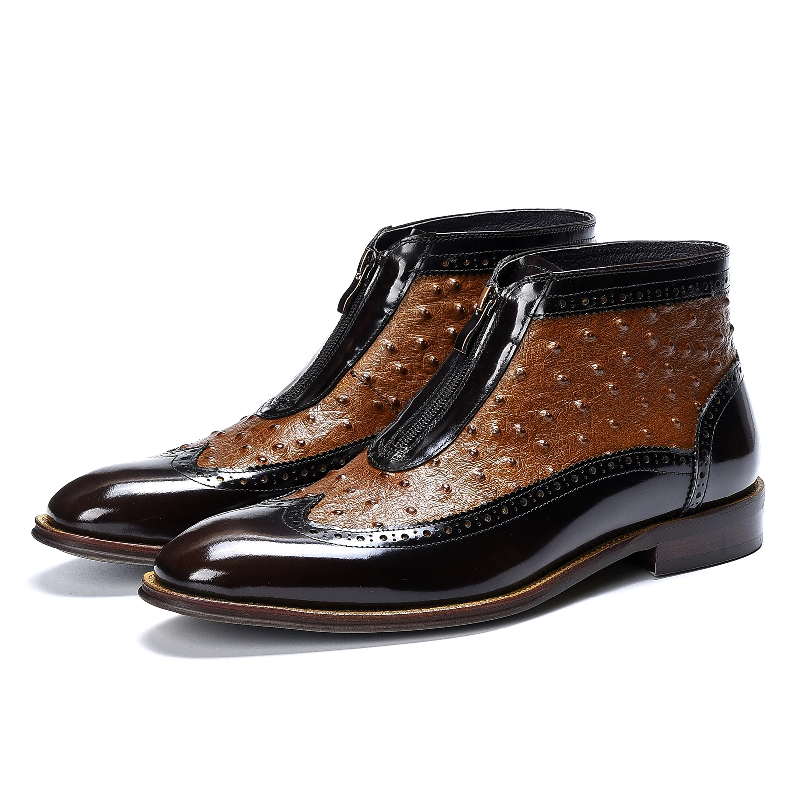 

Business Causual Dress Shoes Men's Short Boots Pointed Toe Genuine Leather Patent Finish Ostrich Print Trendy Zipper Ankle Boot