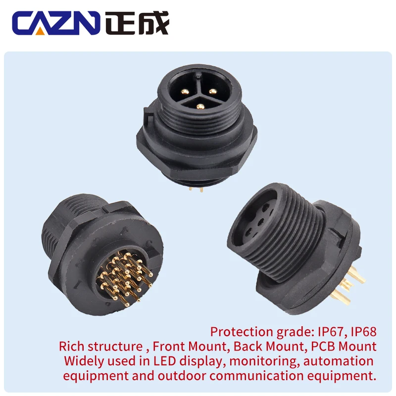 CAZN Waterproof IP67 IP68 E10 Male Female Front Back Mount Solder Receptacle Threaded PCB Screw Panel Mount Connectors