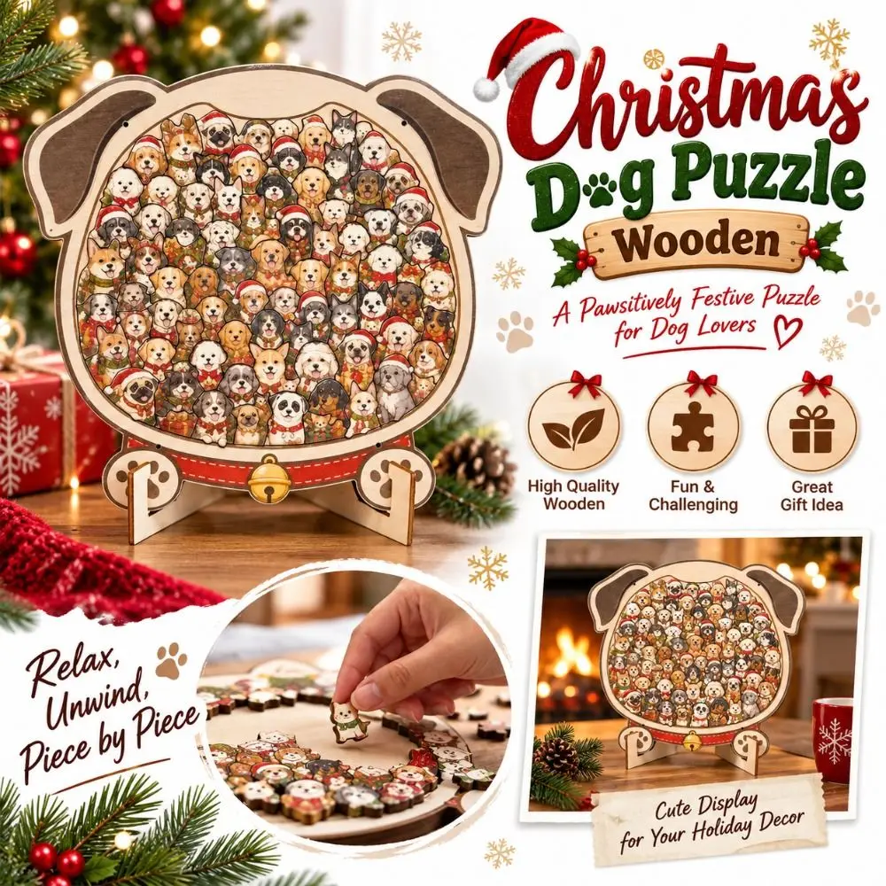 Wooden Christmas Dog Puzzle Irregular Shape Santa Pattern Wooden Jigsaw Puzzle Freestanding Three Dimensional