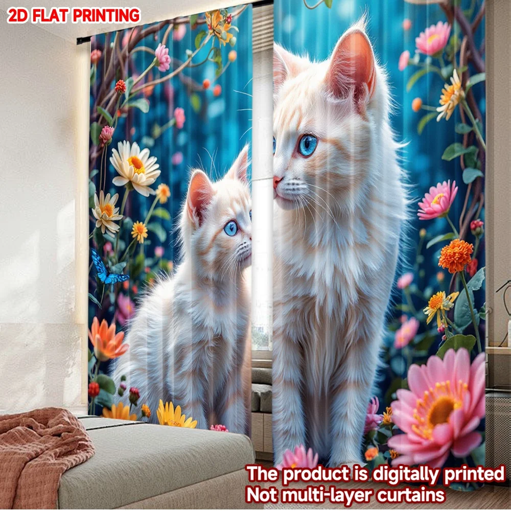 

2D flat printing 2pcs Curtain Drapes Floral Cats in Garden Digital Printed Polyester Drapes Birthday Party Perfect for Festive