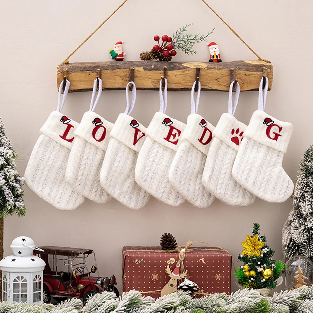 

With Hanging Rope Christmas Stocking Children Candy Bag Decoration Pendant White Snowflake Alphabet Christmas Tree