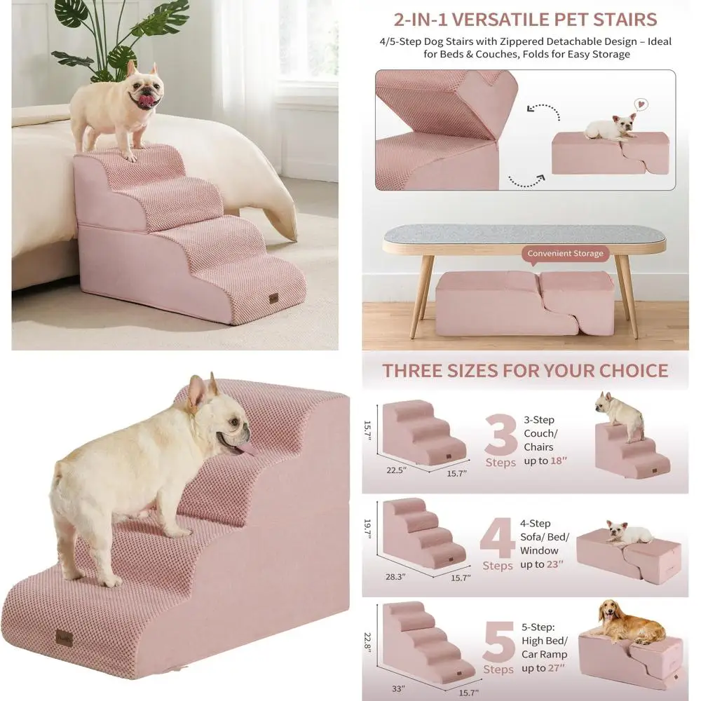 

4-Step Pet Stairs Ramp for Beds, 19.7 High, Non-Slip Foam Steps for Small Dogs and Cats, Pink