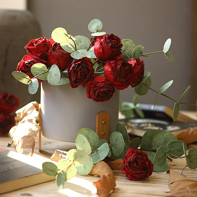 Silk Artificial Roses Fake Bouquet Retro Burnt Edge Flowers Hotel Shopping Mall Decoration Orange Red Rose Simulation Flower