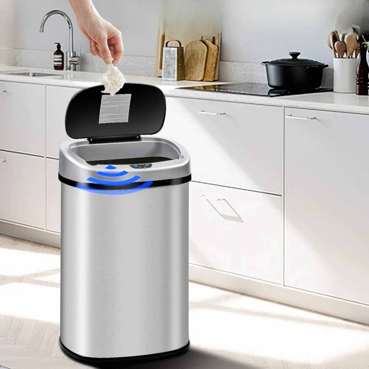 

Kitchen Touch Free Automatic Stainless Steel Electronic Touchless Motion Sensor Automatic Trash Can with Lid Home Bath