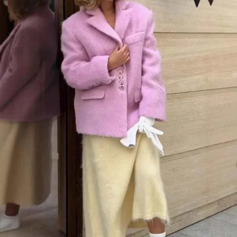 

Розовые шерстяные плюшевые пальто с лацканами, женские элегантные офисные женские пиджаки с длинными рукавами и пуговицами, куртка 2025 года, зимняя модная куртка, свободное пальто