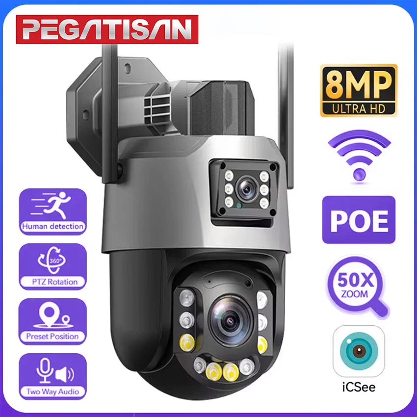 

PEGATISAN WIFI 4K 8MP Dual Lens 20/50X Zoom Display PTZ Outdoor Surveillance Camera 393ft Ultra Long IR Vision ONVIF ICSEE APP