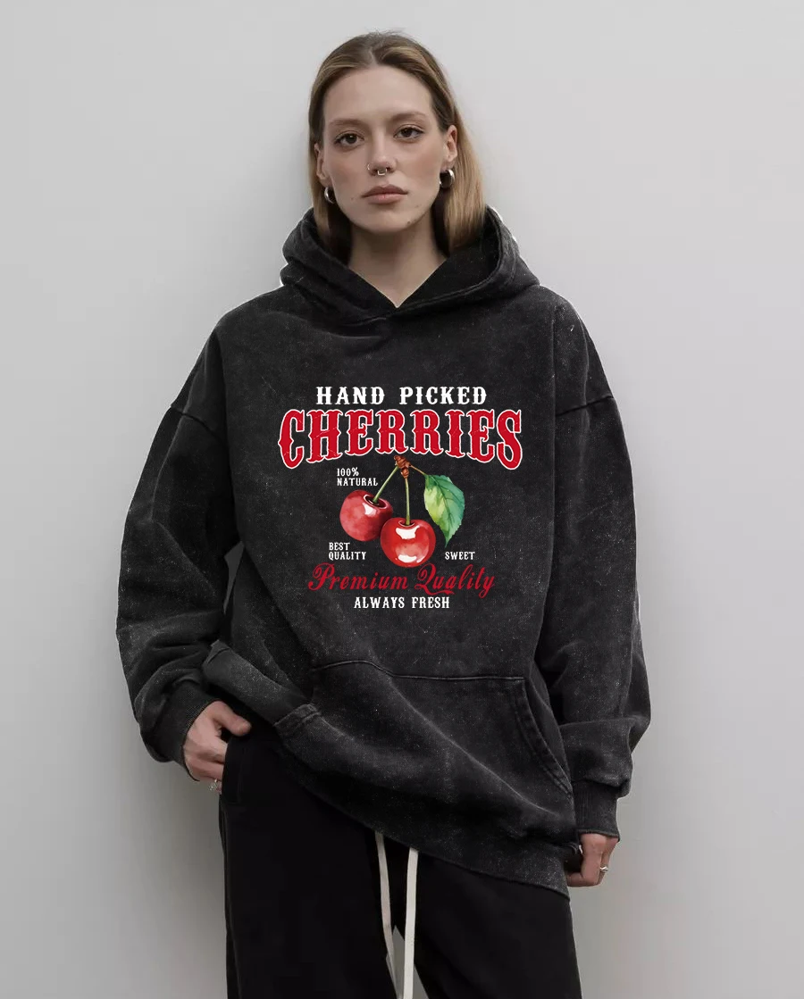 Fresh Cherries Fruits Prints Women Washed Hoodie Hip Hop Distressed Hoody All-Match Cotton Hoodie Oversized Unisex Y2k Tops