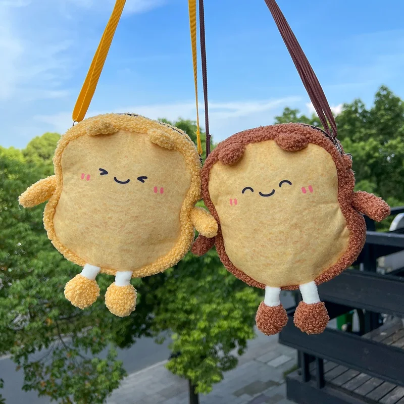 New Cartoon Fluffy Smile Toast Plush Satchel Pack Keys Coin Inside Kawaii Bread Shaped Bag For Children Funny Toys Lovely Gift