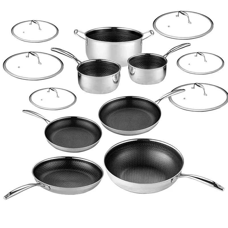 Hex Clad 13 Pieces Manufacture Luxury Three Layer Stainless Steel Kitchen Food Cooking Bottom Honeycomb Shallow Pot For Kitchen