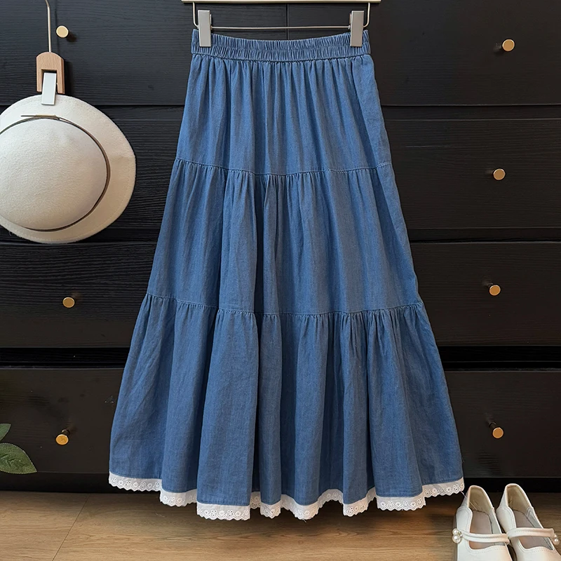 2025 primavera verão saia jeans de cintura alta para mulheres estilo francês chique rendas retalhos saias linha a versátil retro azul saias