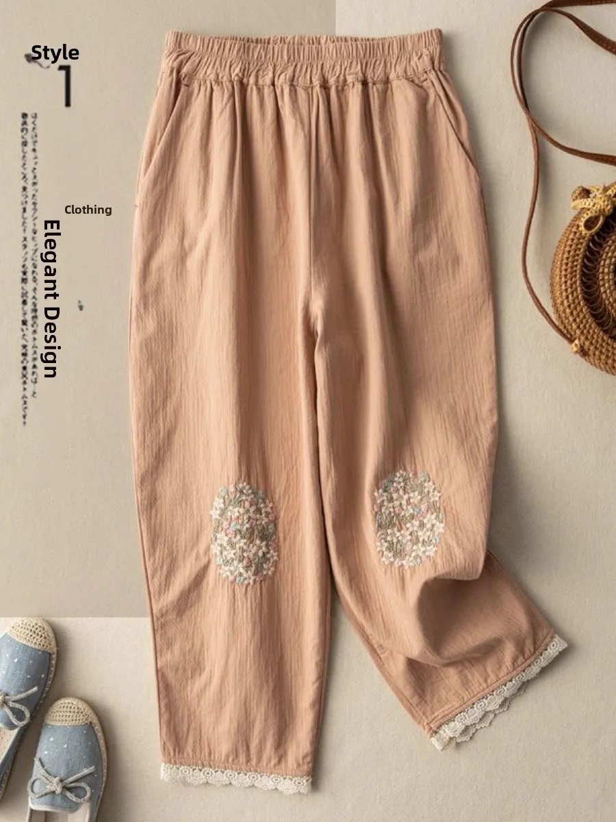 

Женские летние брюки-фонарики из конопли с кружевной отделкой и вышивкой, свободного кроя, длиной 7/8, повседневные, комфортные