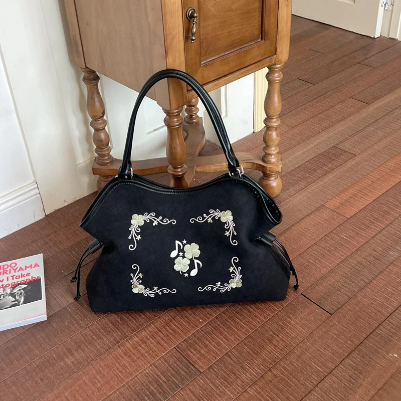 Koreanische Umhängetasche mit Kordelzug, ethnische Blumen- und Musiknoten-Stickerei, große Handtasche für Damen, Vintage-Handtasche für den Winter. – Detail 24