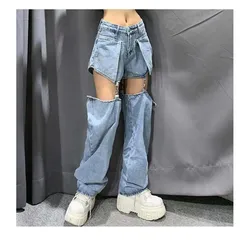 High street Jeans Women Splice Wide Leg Trousers Hip-hop cotton Loose Retro Chain Removable Cool Girls Womens Denim pants New