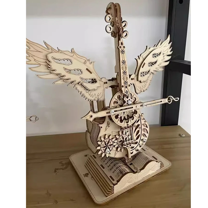 NEW DIY 3D Puzzle Wooden Miniature Building Kit Angel\'s Instrument Cello Jigsaw Puzzle With Music for Children Birthday Gifts