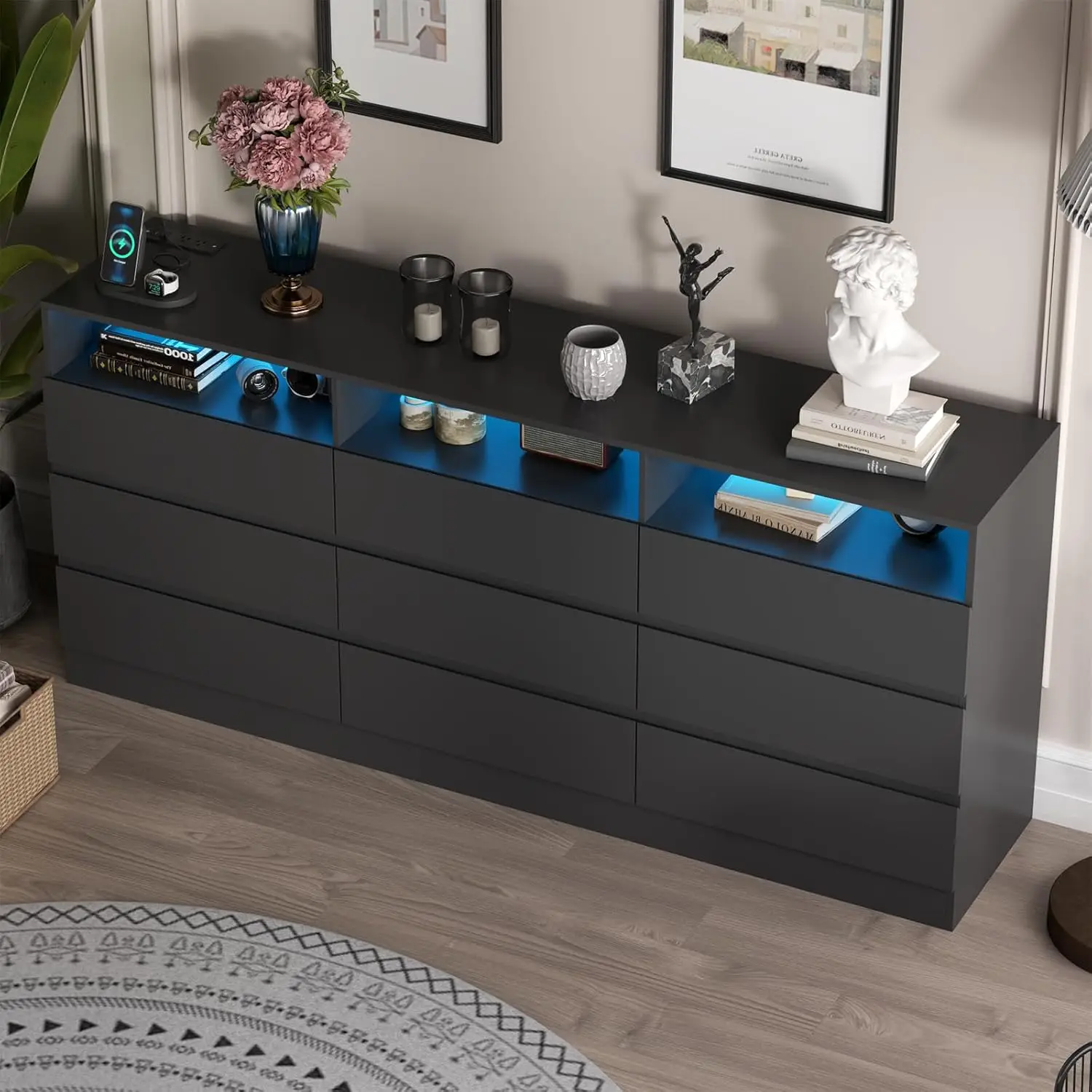 Commode 9 MELCommode avec prise de courant, commode moderne de proximité avec lumière LED, longue et large