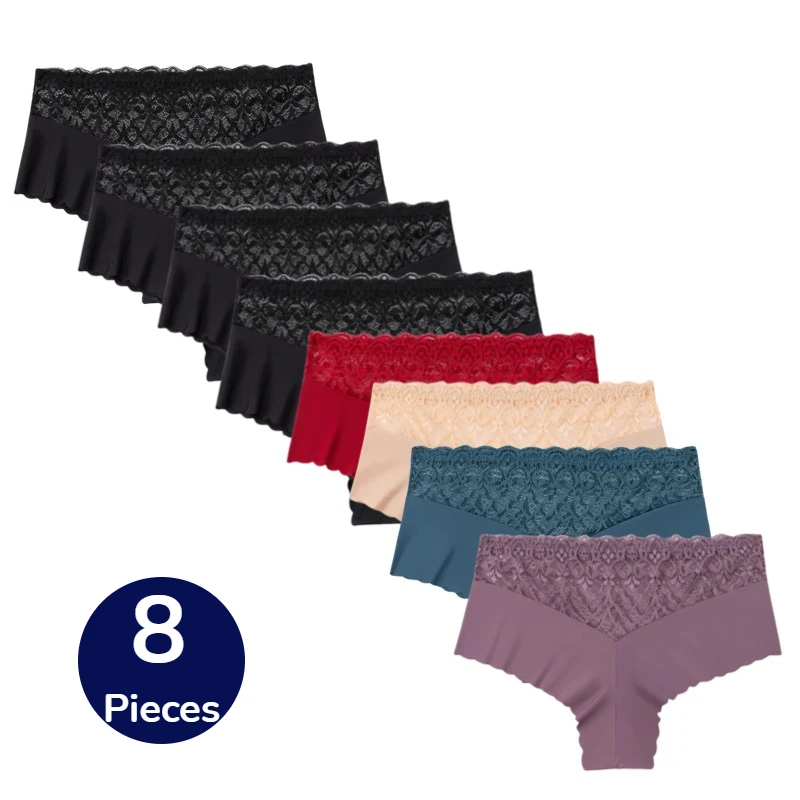

BZEL 8PCS Lace Women's Panties Boxers Low Rise Elastic Sweet Solid color Printed Female Underpants Comfortable Woman Boyshorts