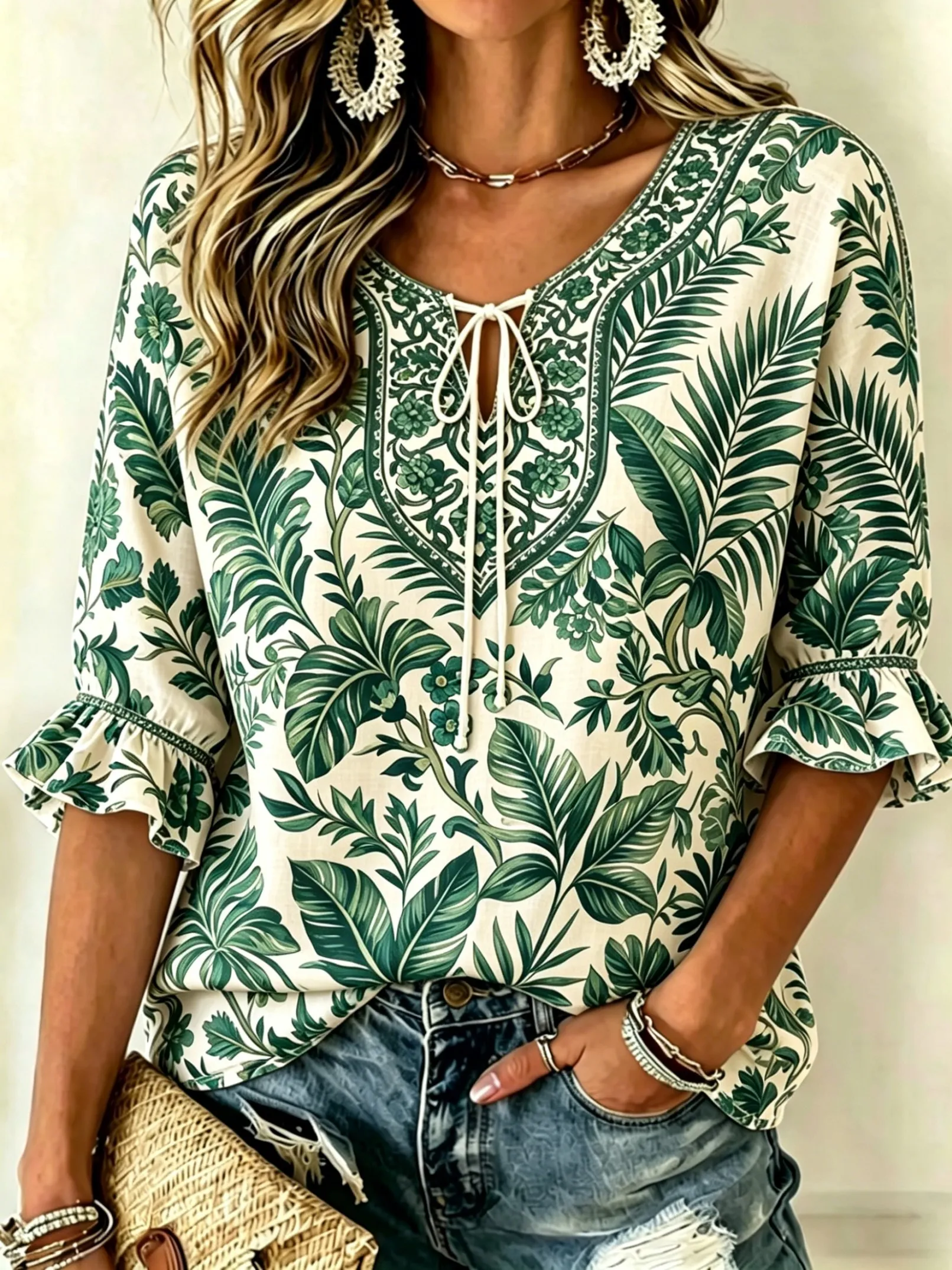 

Women's Spring Summer Casual Blouse, Cream & Green Tropical Leaf Print Tops for Daily Street Holiday Dating & Leisure Outfit