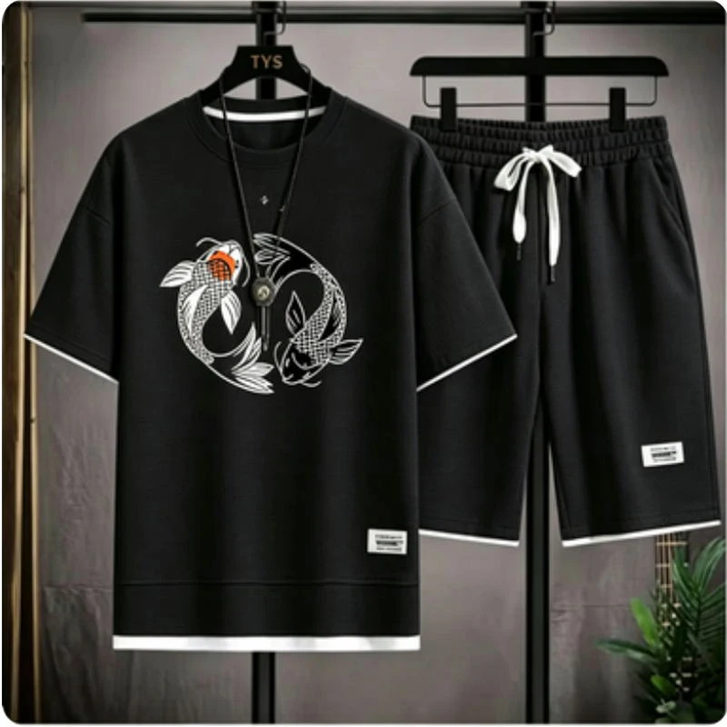 

Takahashi Haruyoshi Japanese-style Men's T-Shirt Set - Summer Daily Outdoor Sports Casual Street Style - Comfortable Short-Sleev