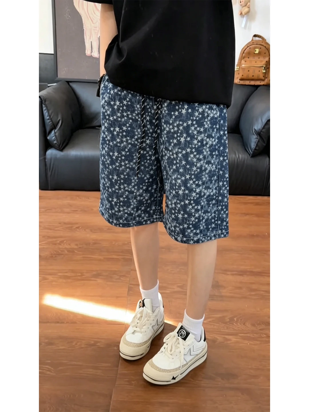 

American Retro Blue Jeans Shorts Summer Thin Star Print Casual Five-Point Pants Loose Fit mid Waist for Teenagers And Youth