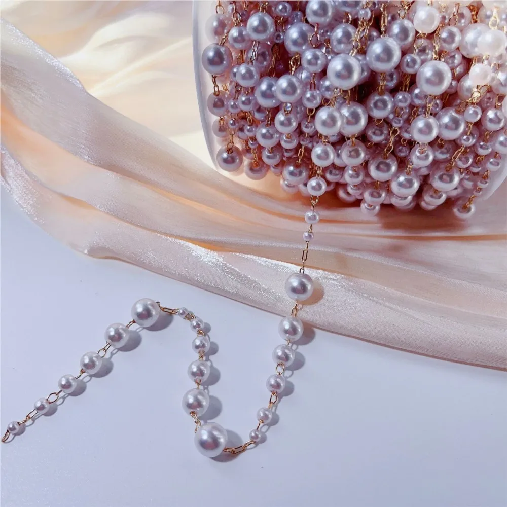1meter 3-8mm Faux Pearl Beading with Brass Link Chain for Jewelry Making DIY Bracelet Necklace Sewing Crafts Supplies Findings view 4