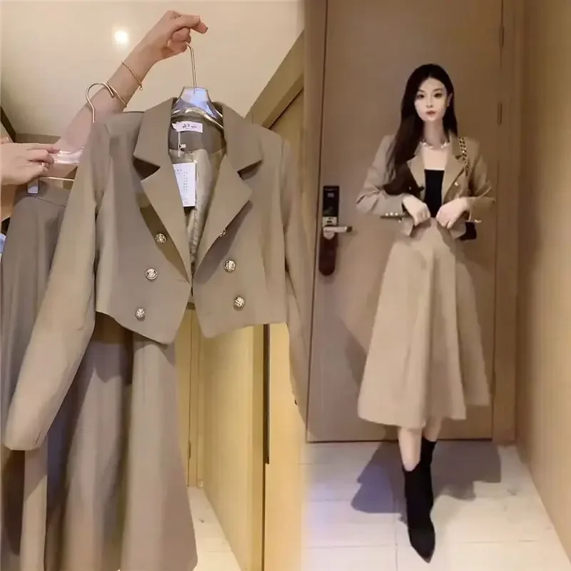 Insozkdg Temperament Suit Skirt Set Women Fashion Autumn New Style Small Short Suit Jacket Blazer High Waist Skirt Two-piece Set