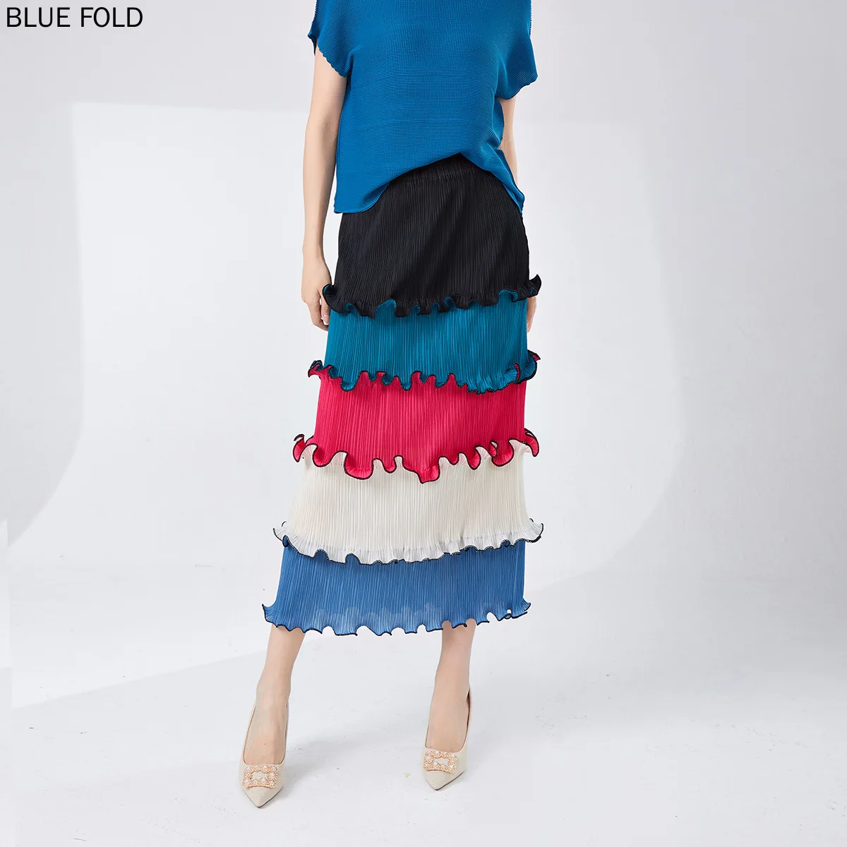 

MIYAKE Pleated Skirt High-end Summer Design Wood Ear Edge Contrast Color Cake Skirt Fashionable All-match Wrap Hip Skirt PLEATS