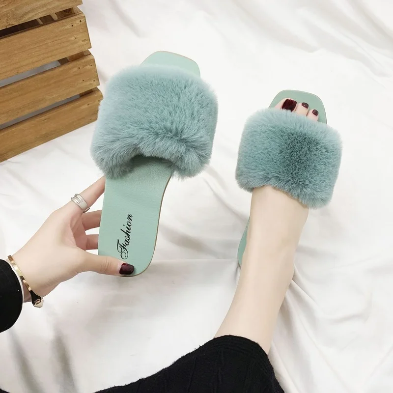 2024 New Wool Slippers Women Outside Wear Net Red Shoes All-match Fashion Flat Slippers Home One Word Drag Sandals and Slippers