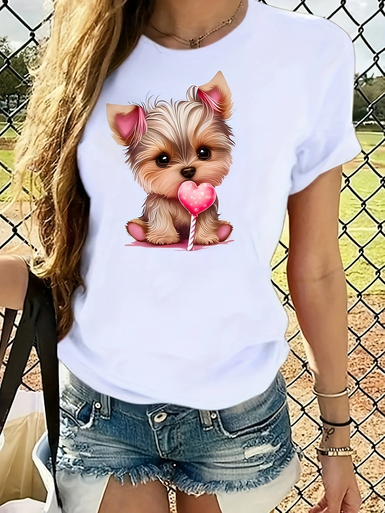 2024 Hot selling Puppy Print round neck T-shirt Spring/Summer casual short sleeved top Women\'s clothing