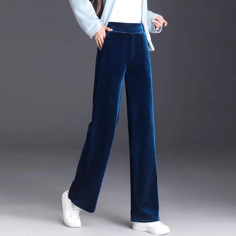 

Korean style blue velvet wide leg pants for women in spring and autumn, high-end fashion, loose fit, plus size casual pants