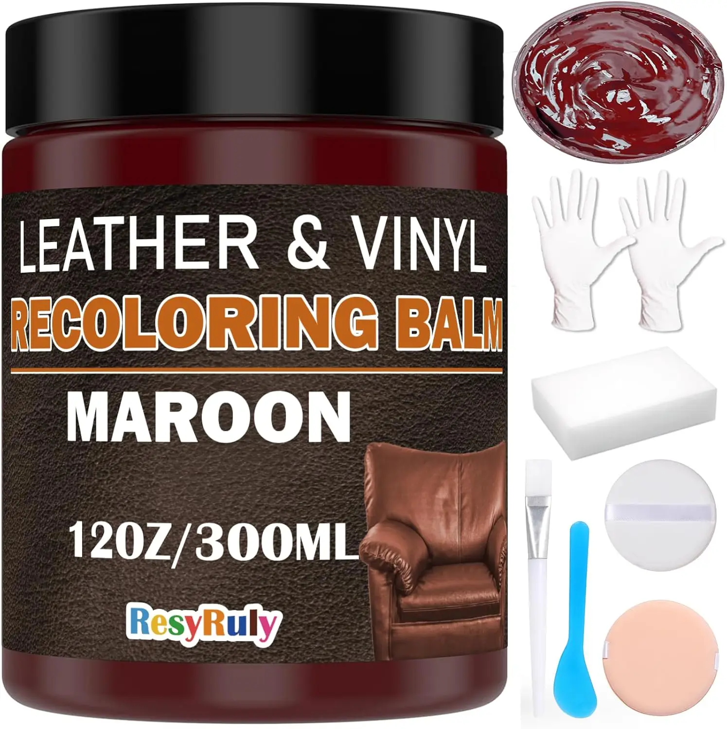 

Maroon Leather Repair Kit for Furniture, Car Seats, Couch - Dye, Conditioner, Scratch Remover & Recoloring Cream