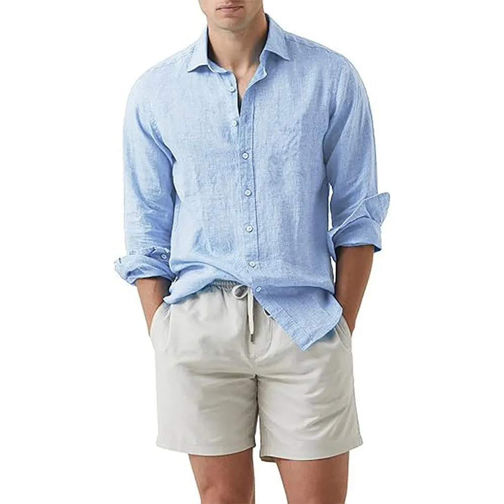 

Men Cotton Linen Summer Beach Shirt Long Sleeve Turn Down Collar Cardigan Tops Slim Fit Large Size Casual