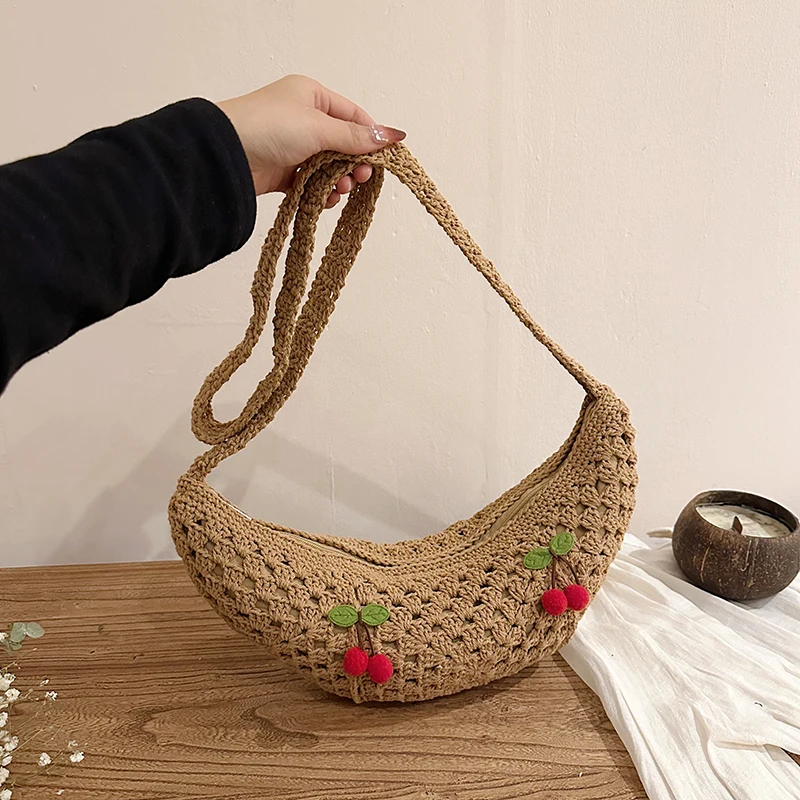 New Sweet Crochet Women's Crossbody Bag Fashion Boho Woven Shoulder Purse for Ladies Cherry & Granny Square Pattern Crescent Bag