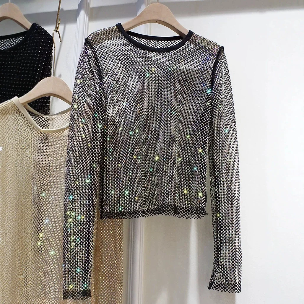 Blingbling Hollow Out Full Diamonds Mesh Long Sleeve T-shirt Women Round Neck Pullover Top All-match Shiny Nightclub Party Dress