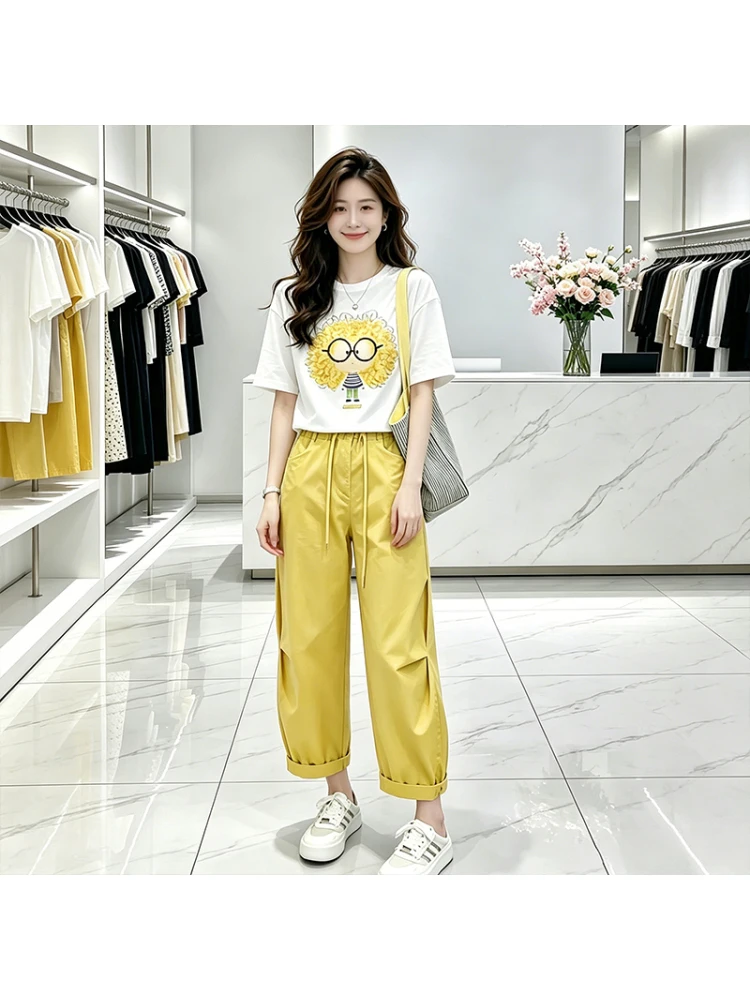 

Summer New Fashionable Short Sleeve T-Shirt And Casual Pants Set Slimming Print Design Breathable Comfortable Workwear for Women