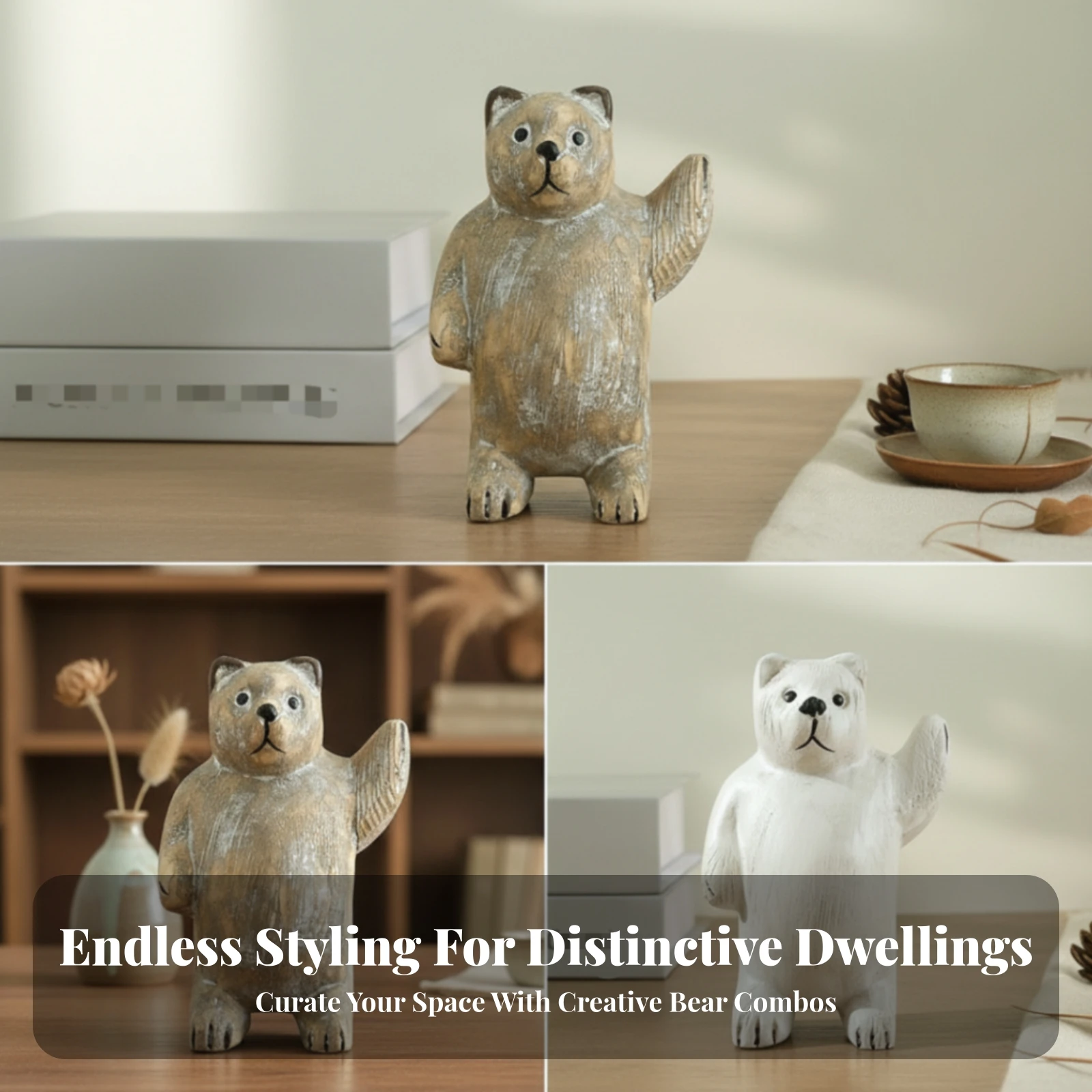 

House Decoration Small Wooden Bear Statue Hand-Carved Bear Statue Miniature Size Desk Decor Animal Sculpture for Home