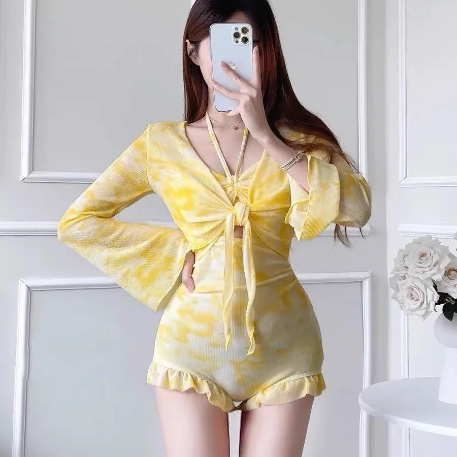 

Новинка 2025 года, белая цельная блузка с длинными рукавами для девочек, 2 шт., солнцезащитный крем для студентов, консервативный горячий весенне-летний купальник