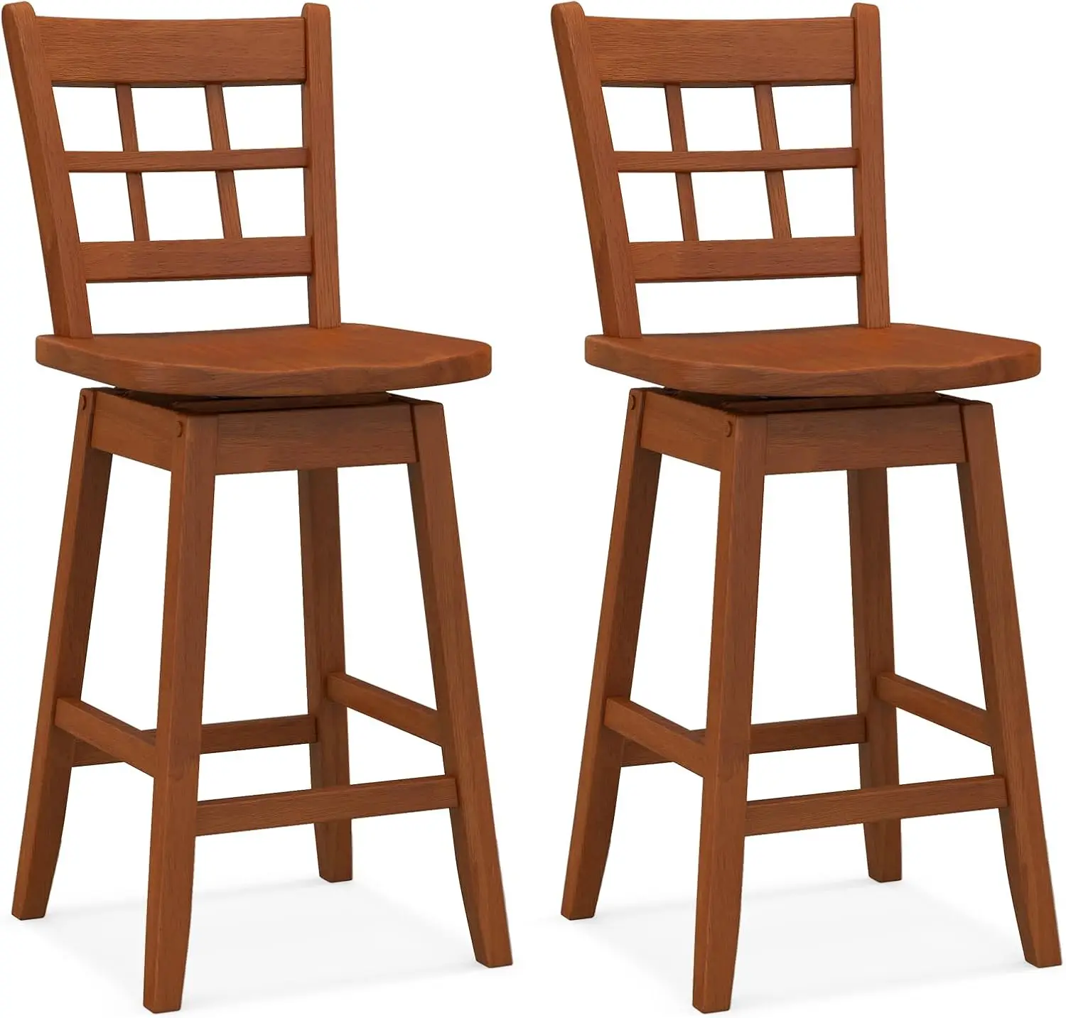 

24.5" Bar Stools Set of 2, Farmhouse Swivel Barstools with 6-Grid Hollow Back & Ergonomic Contoured Seat, Footrest, Wooden Co