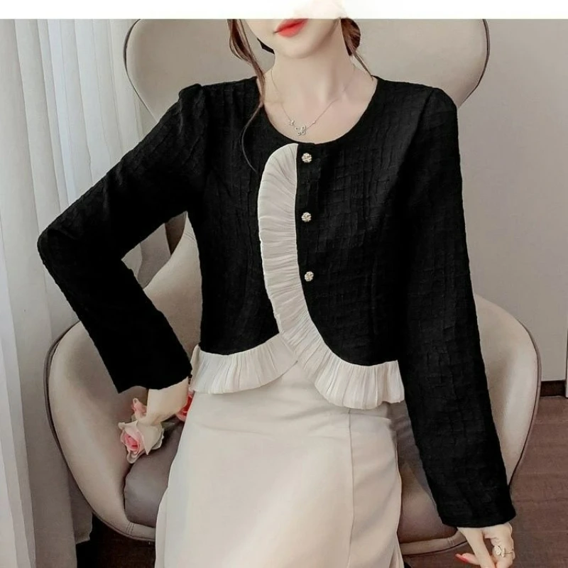 contrasting lace dark plaid shirt irregular hem short top women's small fragrant style ins comfortable skin-friendly breathable
